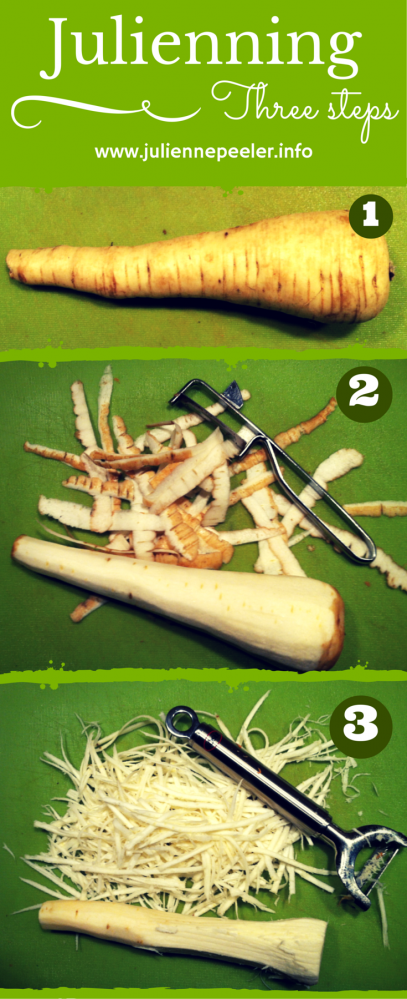 3 steps infographic to make parsnip julienne